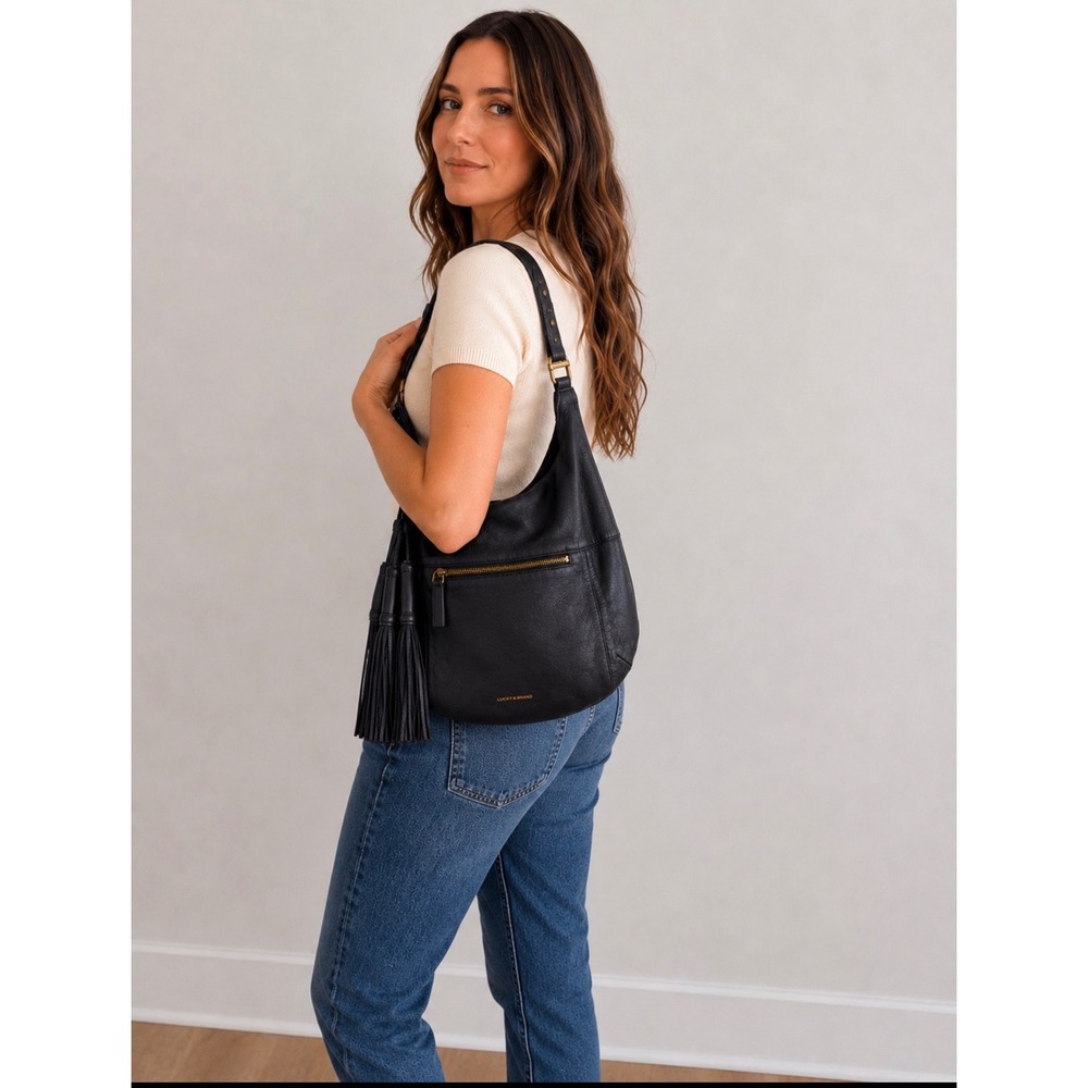 Lucky Brand Black Leather Hobo Shoulder Bag Tassel Large Slouchy Boho